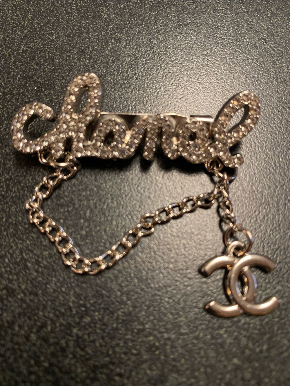Fashion Jewelry Gold Script Brooch with Clear Crystals and CC Charm